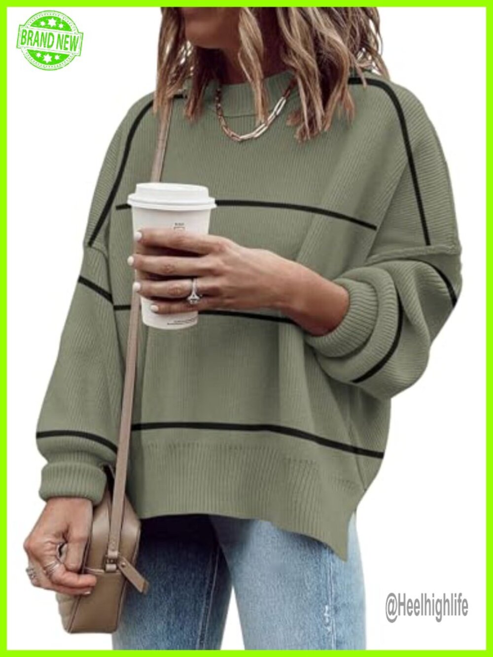 Oversized Ribbed Pullover Sweater Side Slit Mock Neck Batwing Sleeve